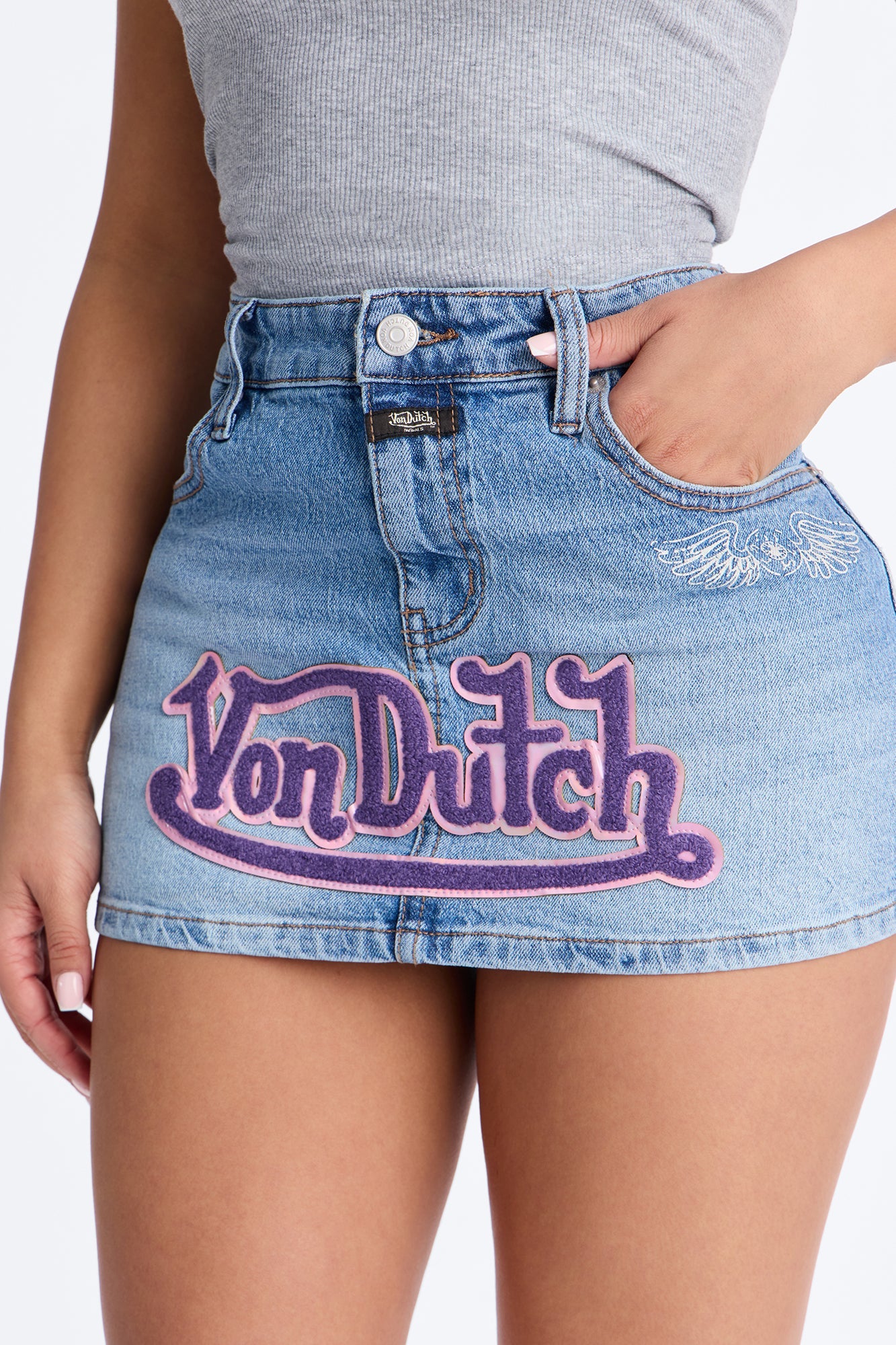 Von Dutch Oversized Patchwork Denim Mini Skirt - Medium Wash