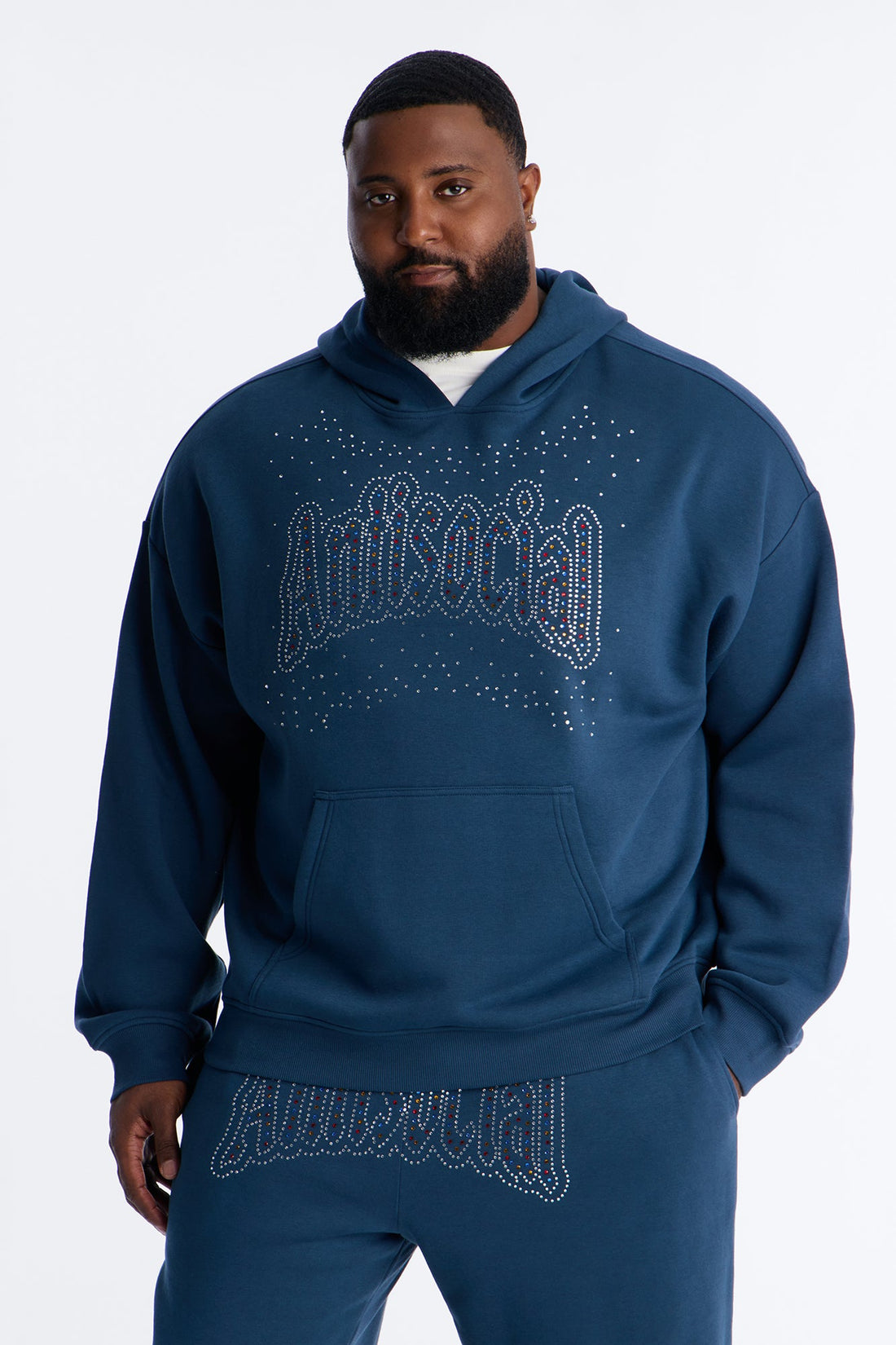 Antisocial Rhinestone Pearl Oversized Hoodie - Navy
