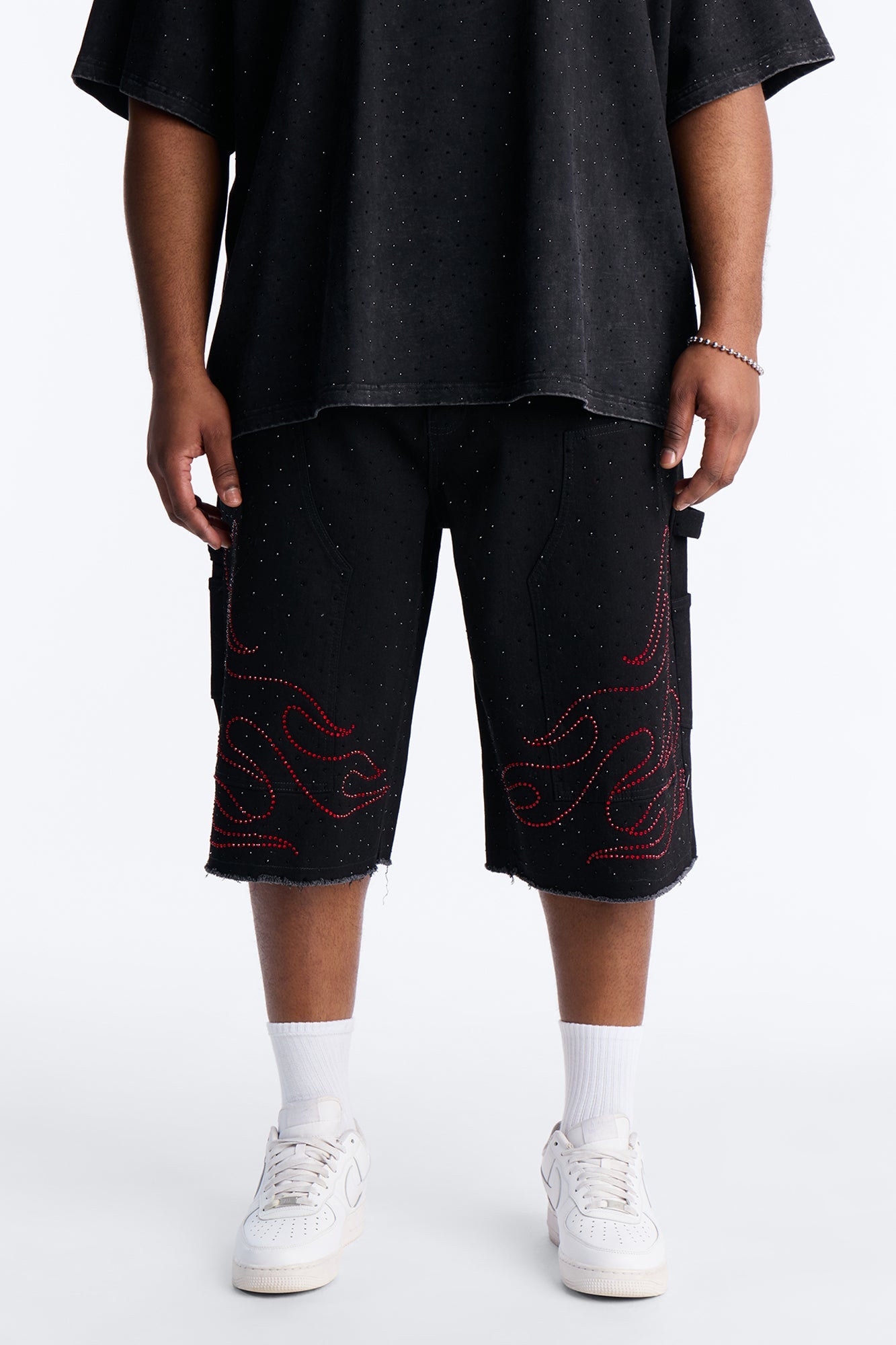 Baggy Flamed Jewel Carpenter Denim Short - Black