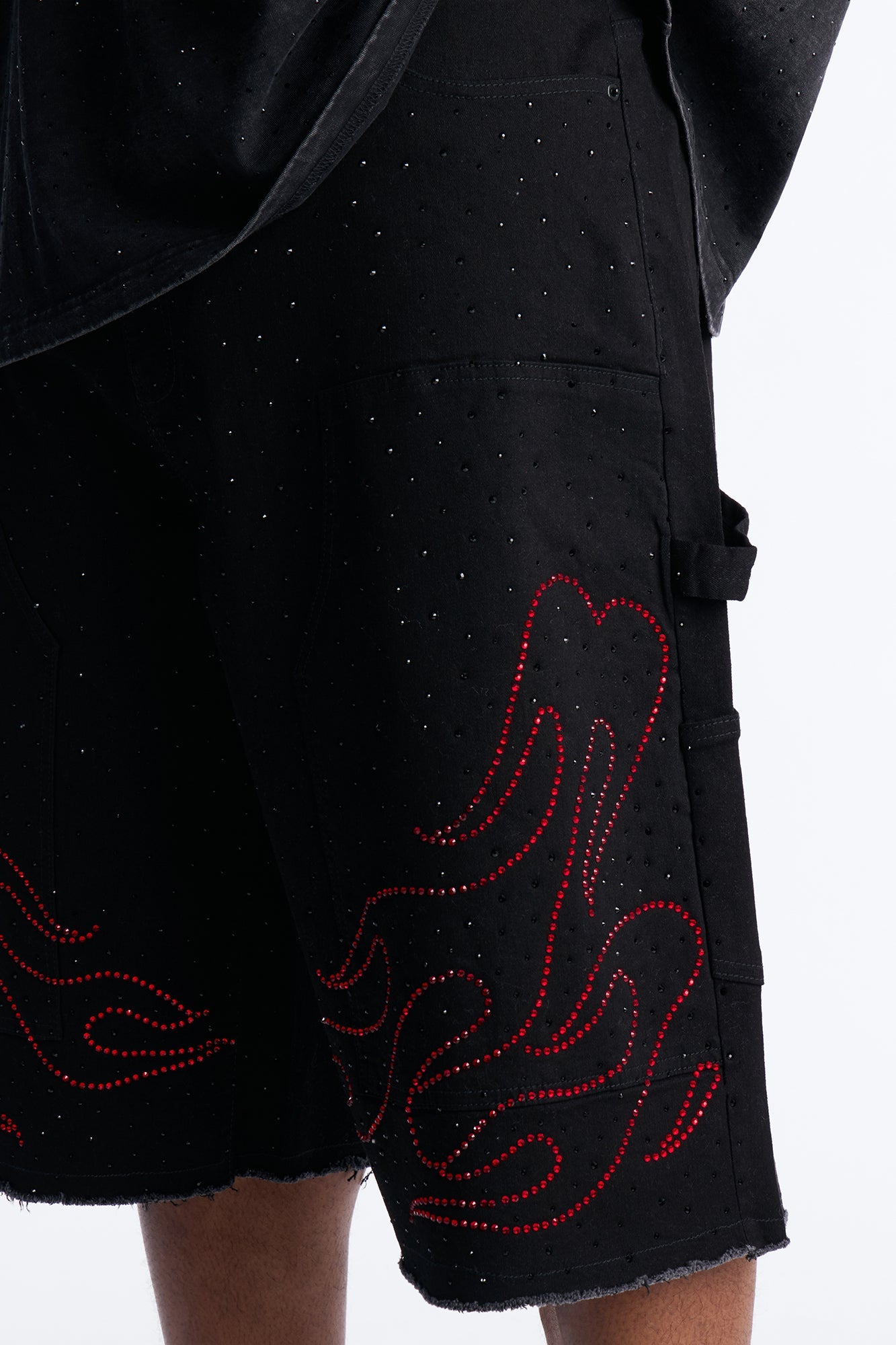 Baggy Flamed Jewel Carpenter Denim Short - Black
