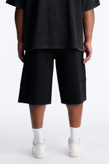 Baggy Flamed Jewel Carpenter Denim Short - Black