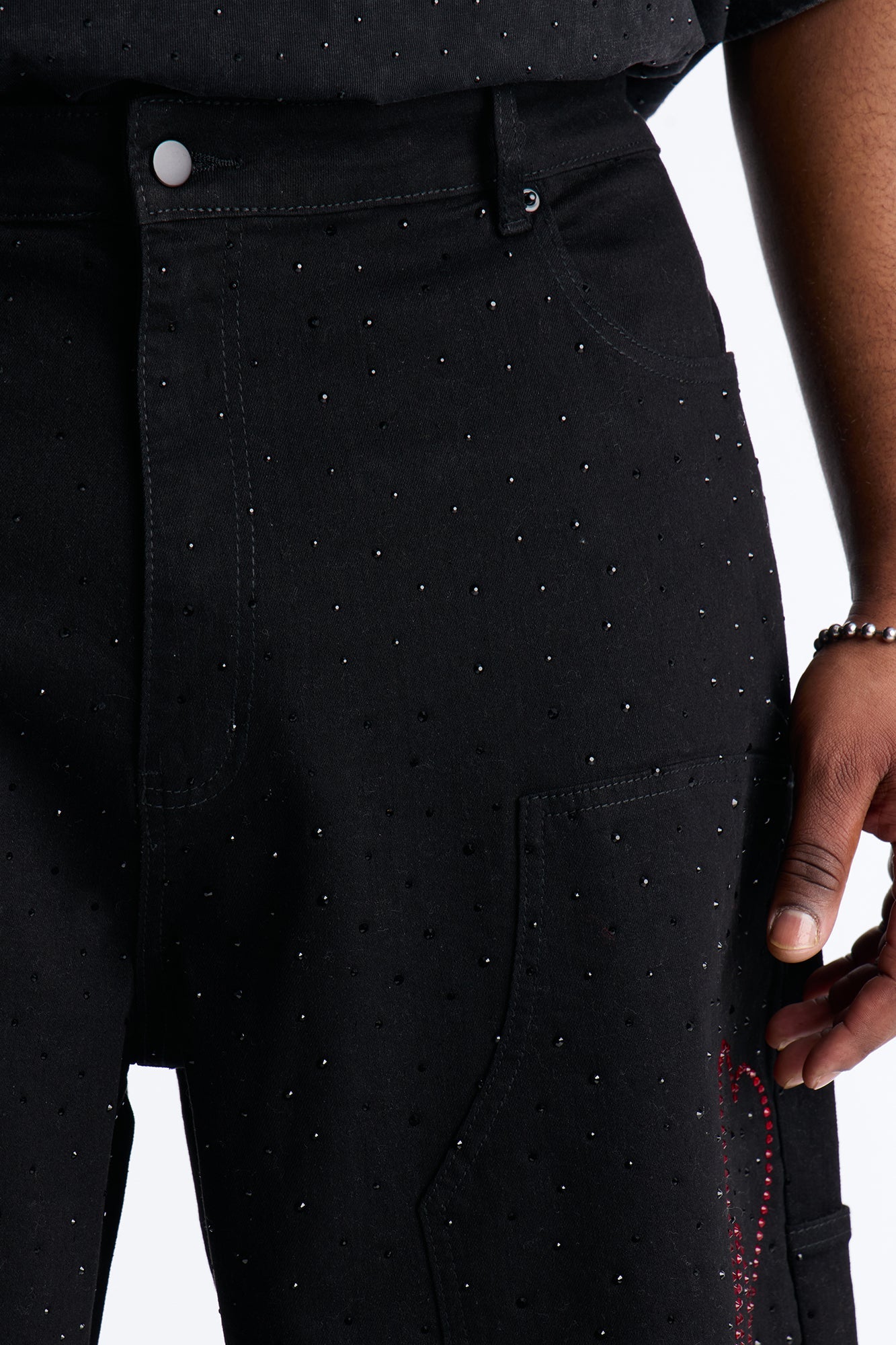 Baggy Flamed Jewel Carpenter Denim Short - Black