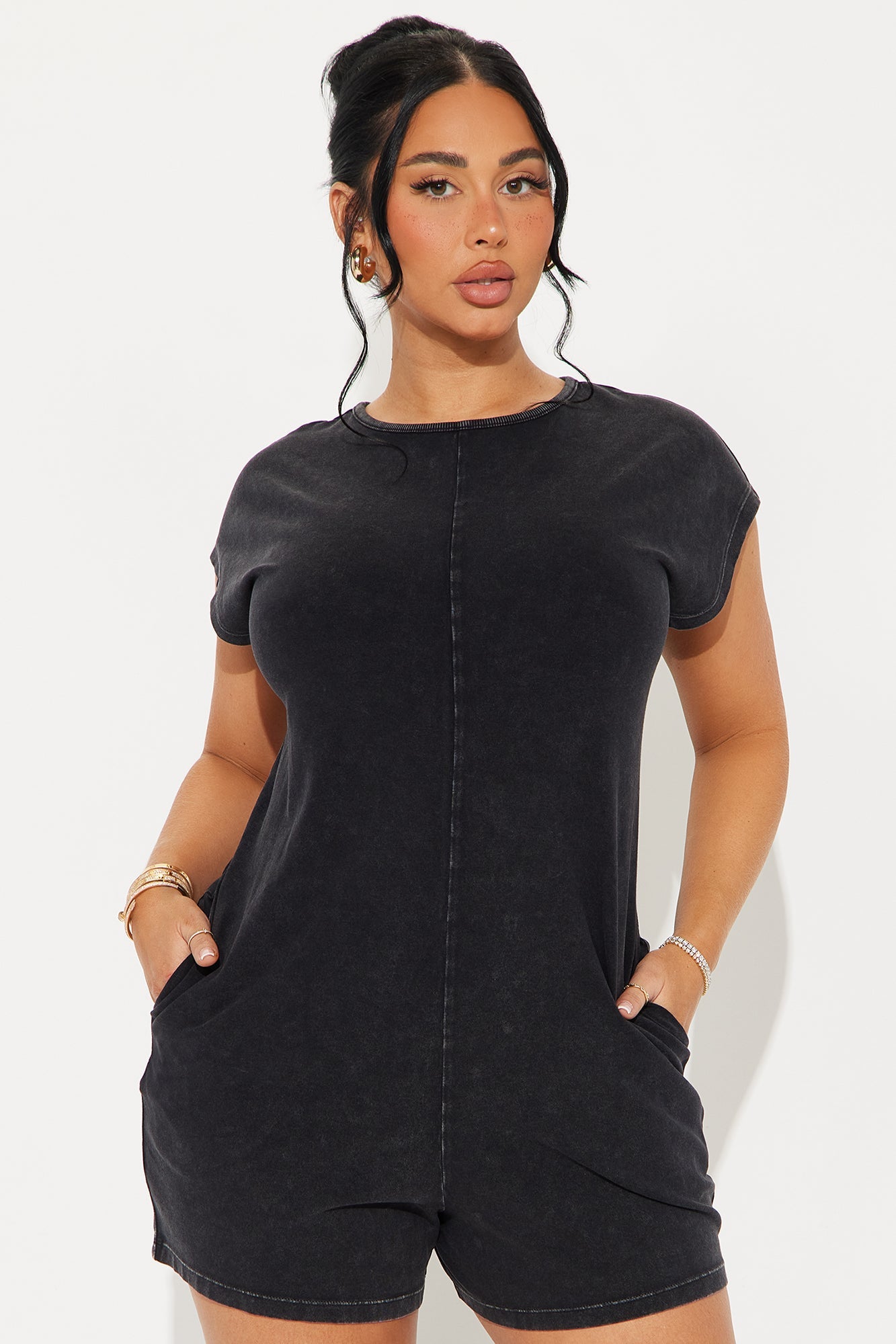 The Washed Cap Sleeve Romper - Black