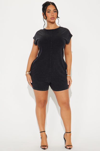 The Washed Cap Sleeve Romper - Black
