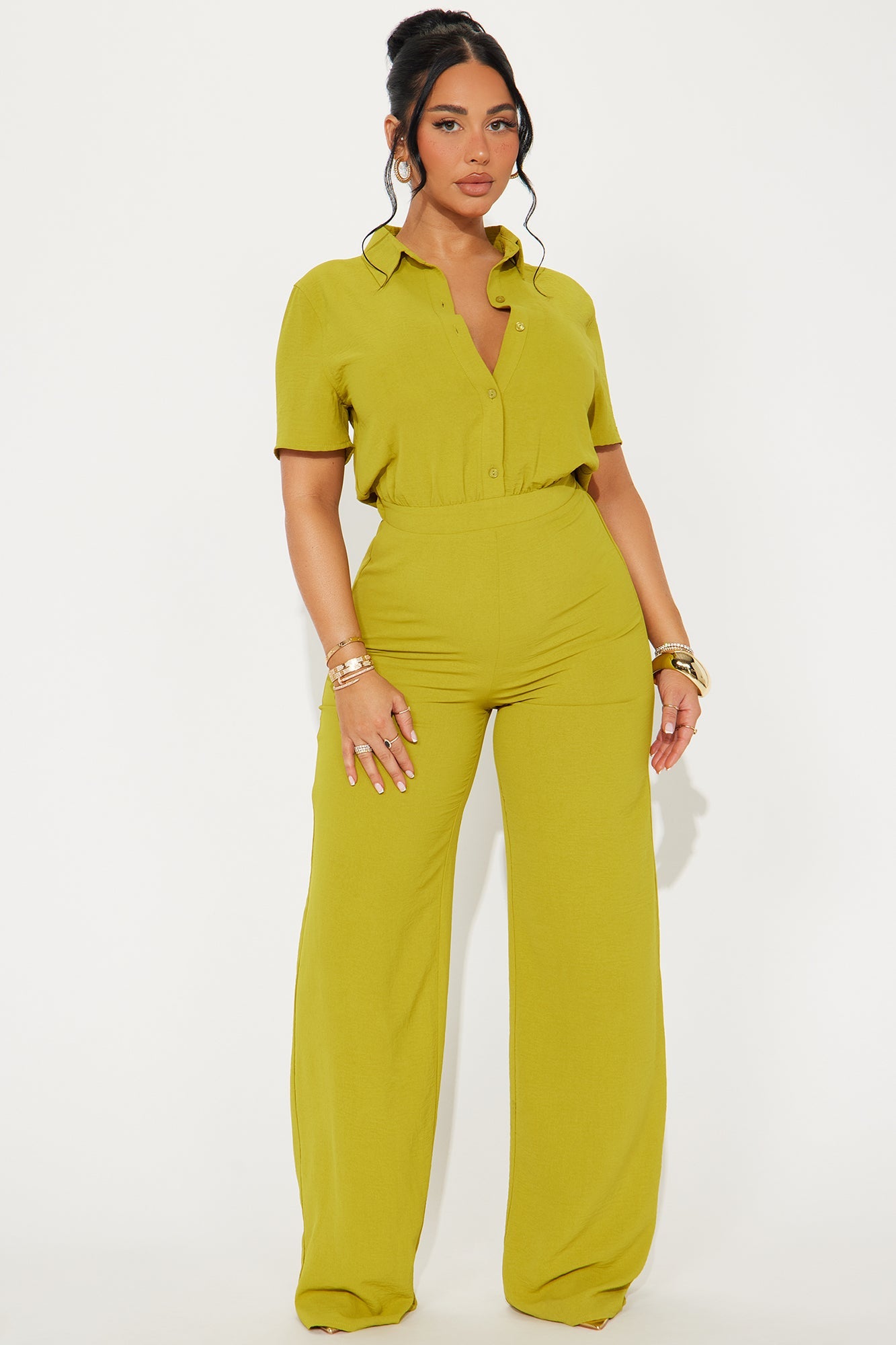 Makenzie Short Sleeve Jumpsuit - Chartreuse