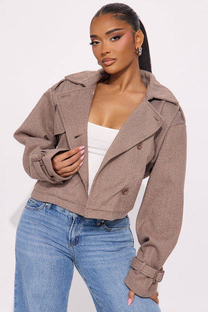 Preppy Chic Plaid Cropped Trench Coat - Camel