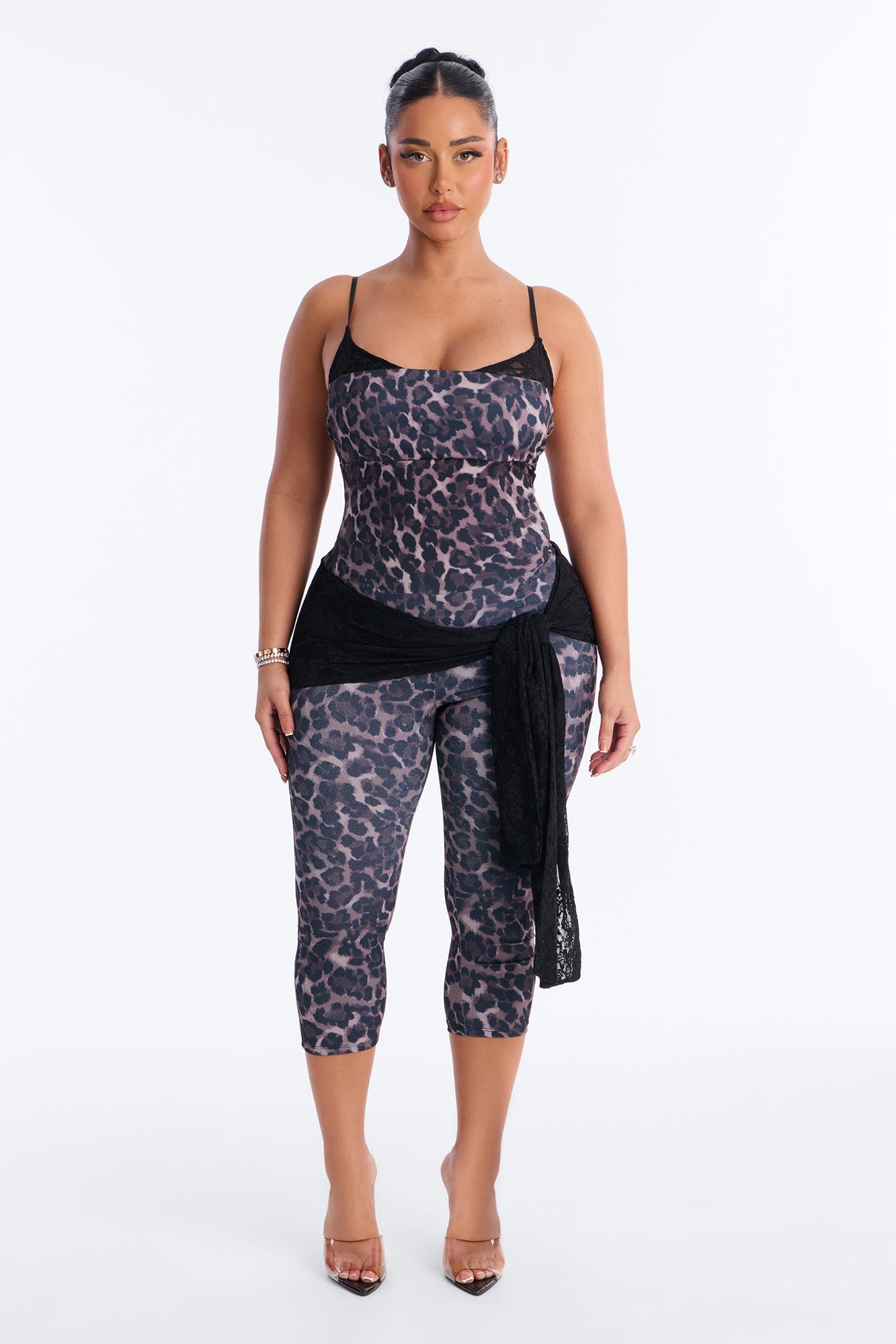 Mischa Leopard Lace Trim Capri Jumpsuit - Leopard