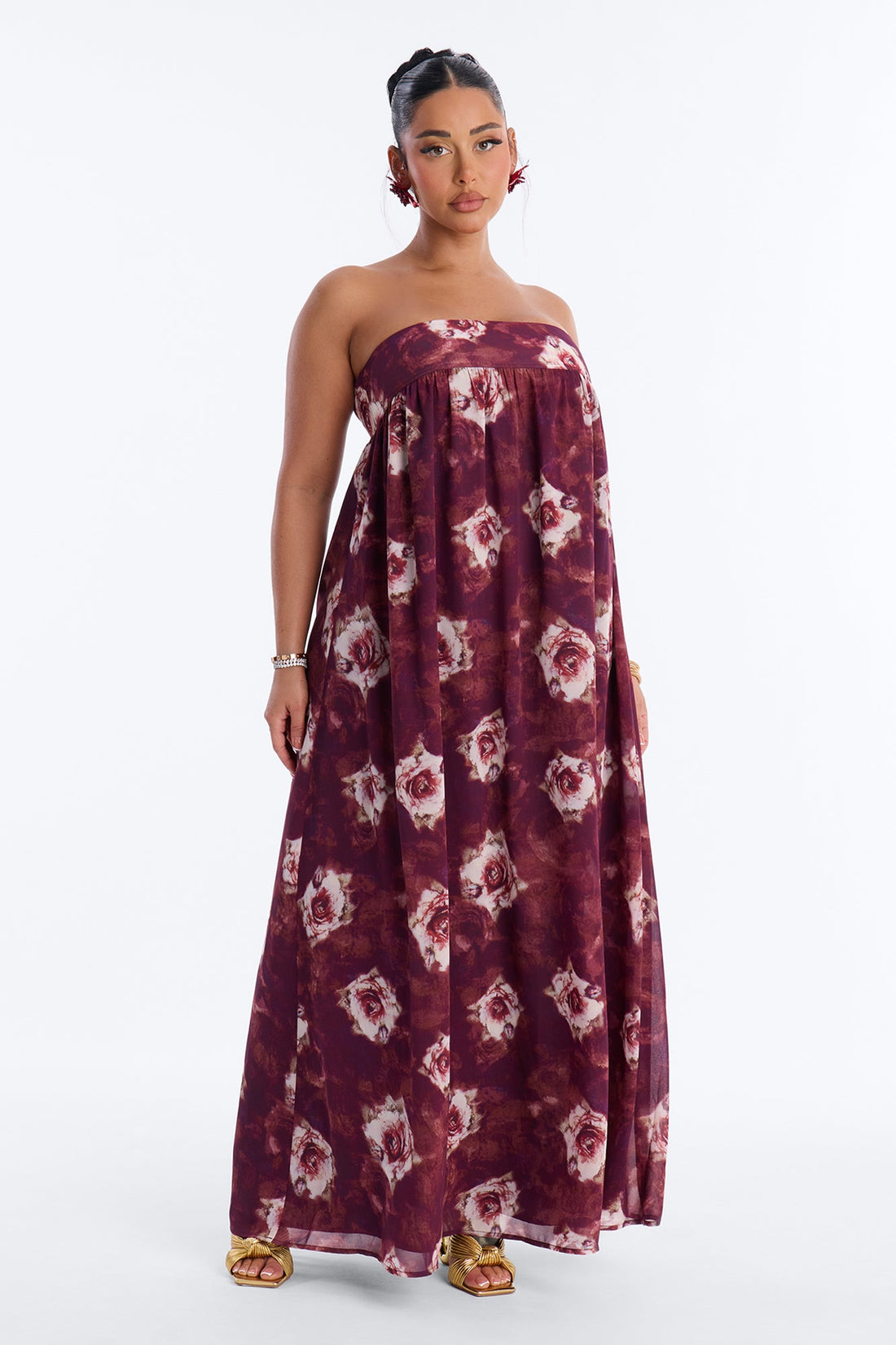Nola Strapless Floral Maxi Dress - Wine/combo