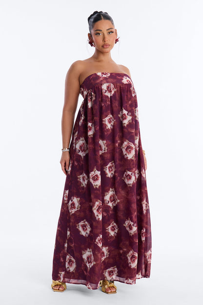 Nola Strapless Floral Maxi Dress - Wine/combo
