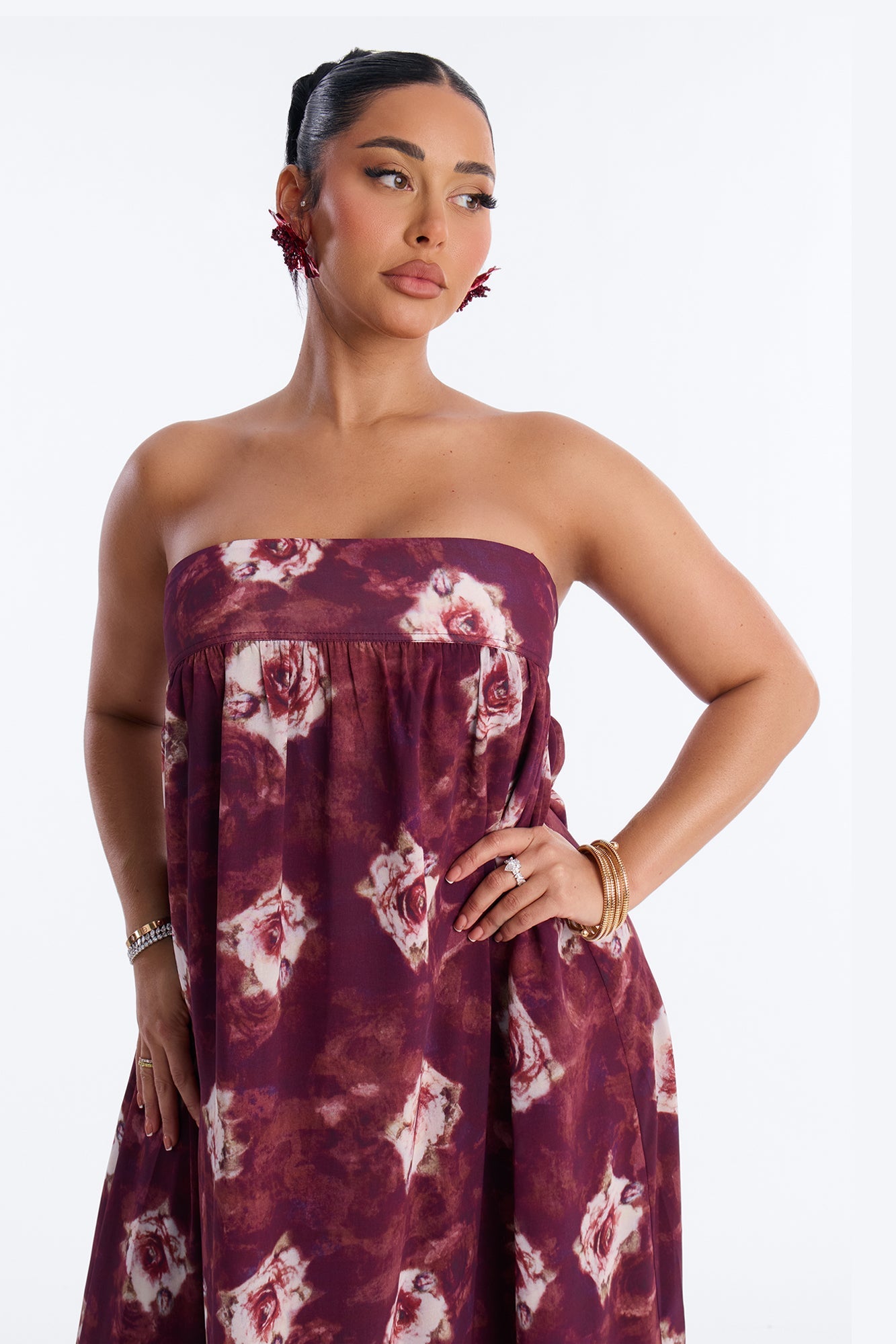 Nola Strapless Floral Maxi Dress - Wine/combo
