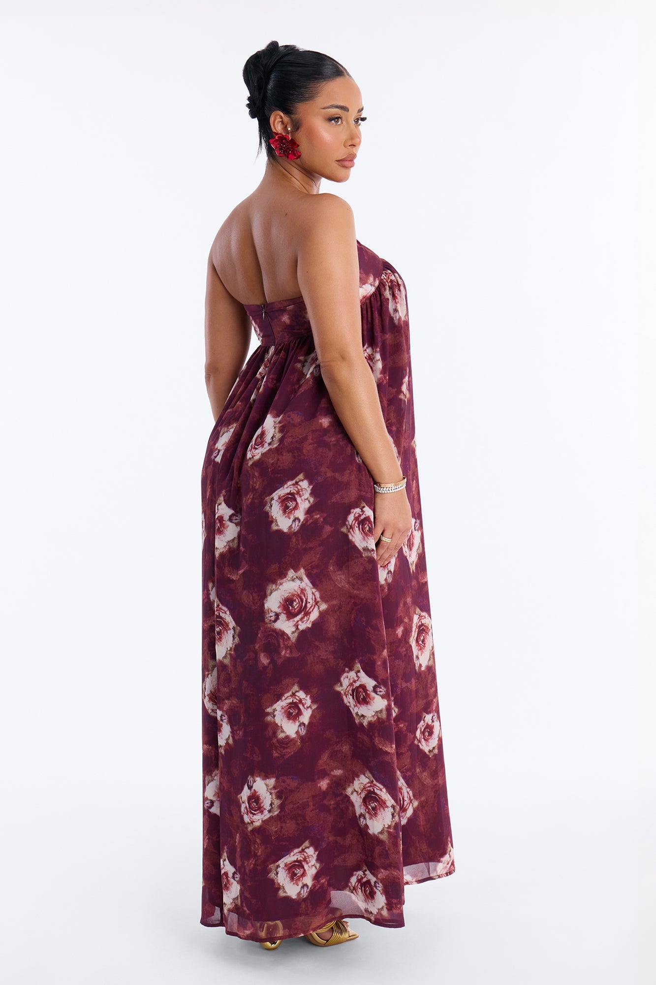 Nola Strapless Floral Maxi Dress - Wine/combo