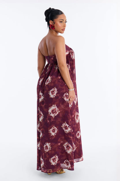 Nola Strapless Floral Maxi Dress - Wine/combo