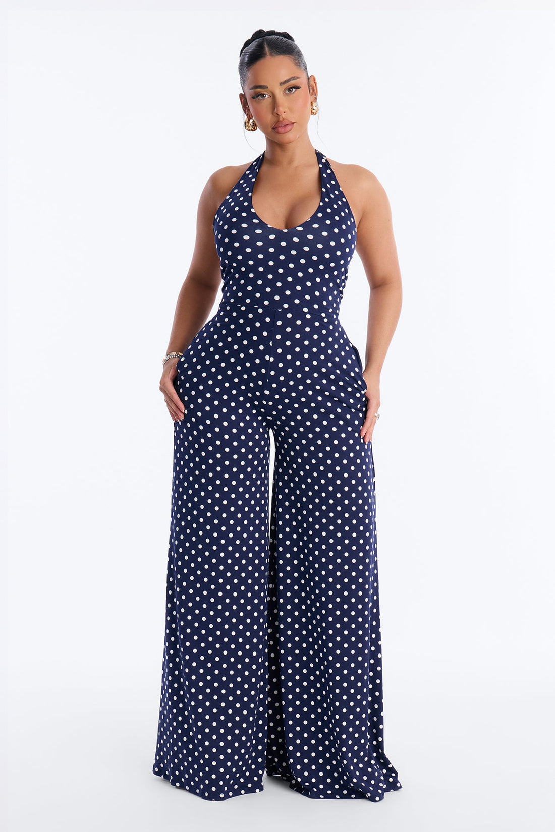 Pretty In Polka Dots Halter Jumpsuit - Navy