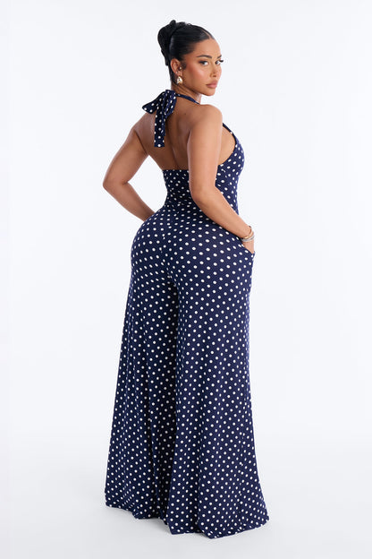 Pretty In Polka Dots Halter Jumpsuit - Navy