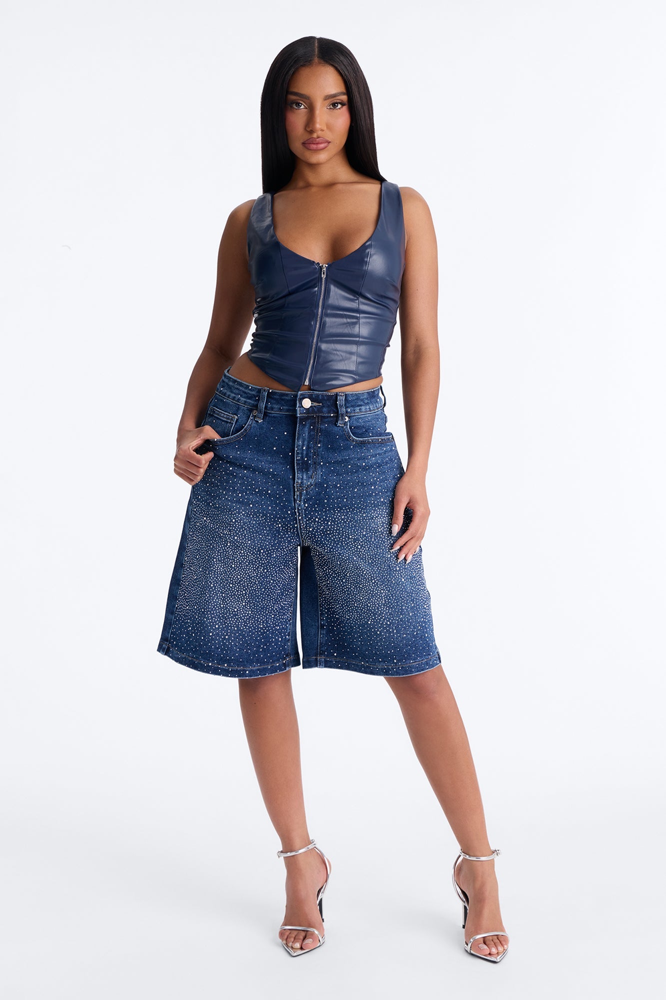 Fancy Pants Embellished Rhinestones Denim Shorts - Dark Wash