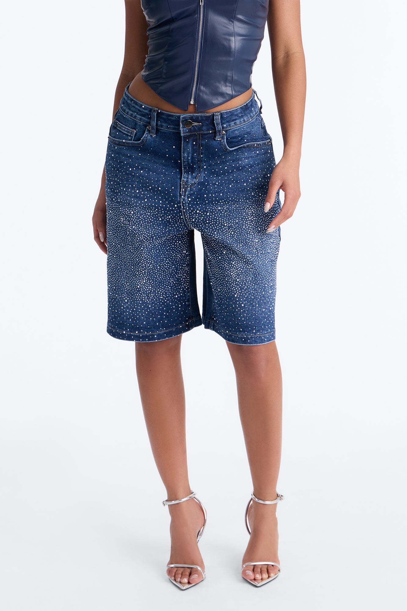 Fancy Pants Embellished Rhinestones Denim Shorts - Dark Wash