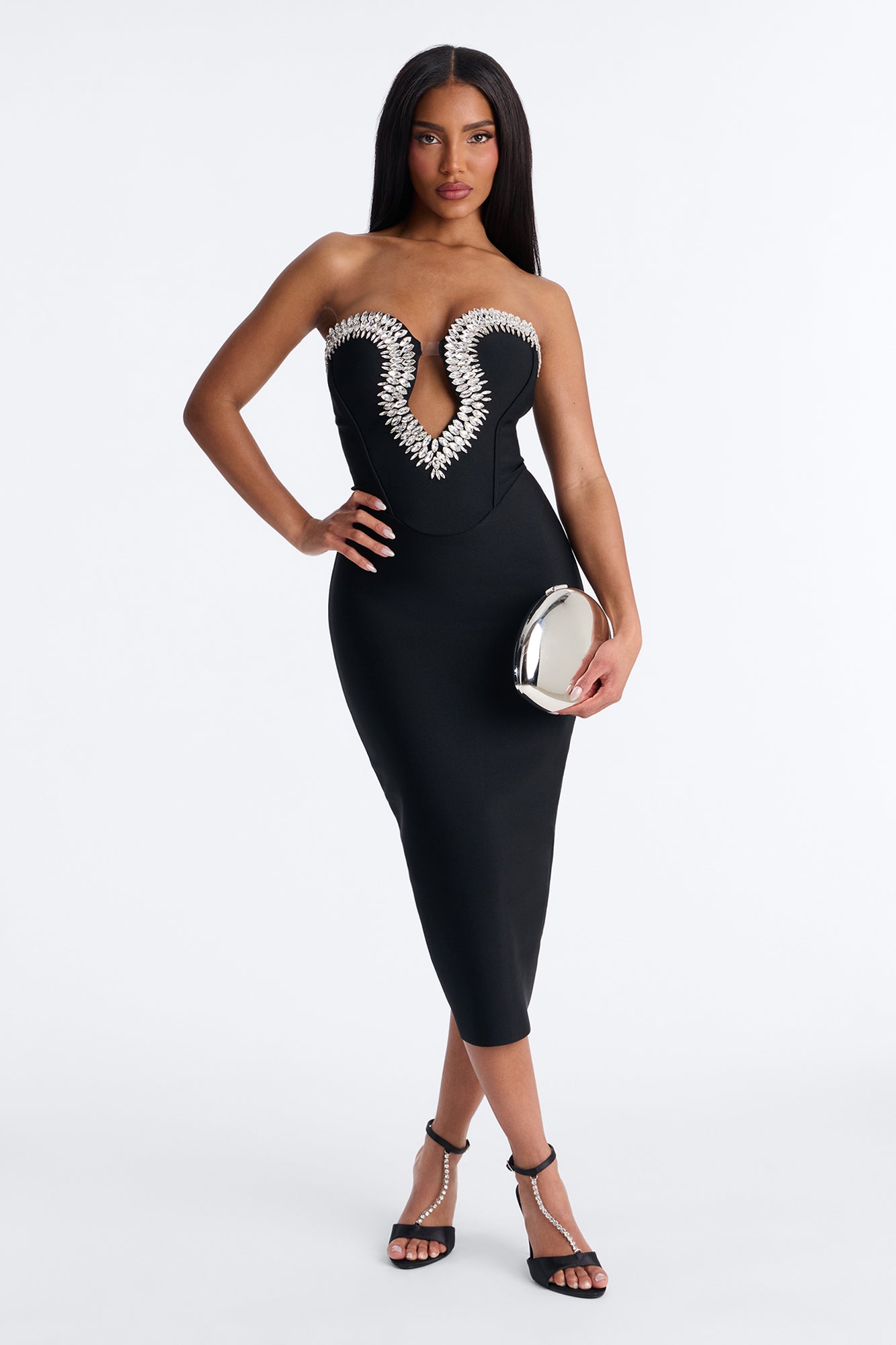 Liora Rhinestone Trim Bandage Midi Dress - Black