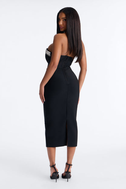 Liora Rhinestone Trim Bandage Midi Dress - Black