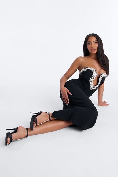 Liora Rhinestone Trim Bandage Midi Dress - Black