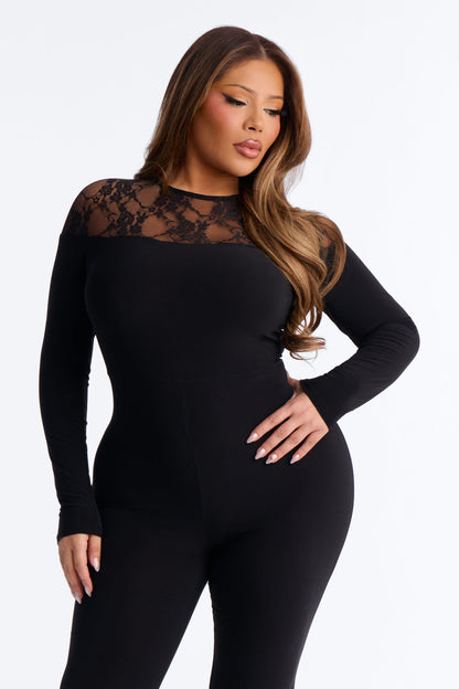 Rosana Lace Trim Flare Leg Jumpsuit - Black