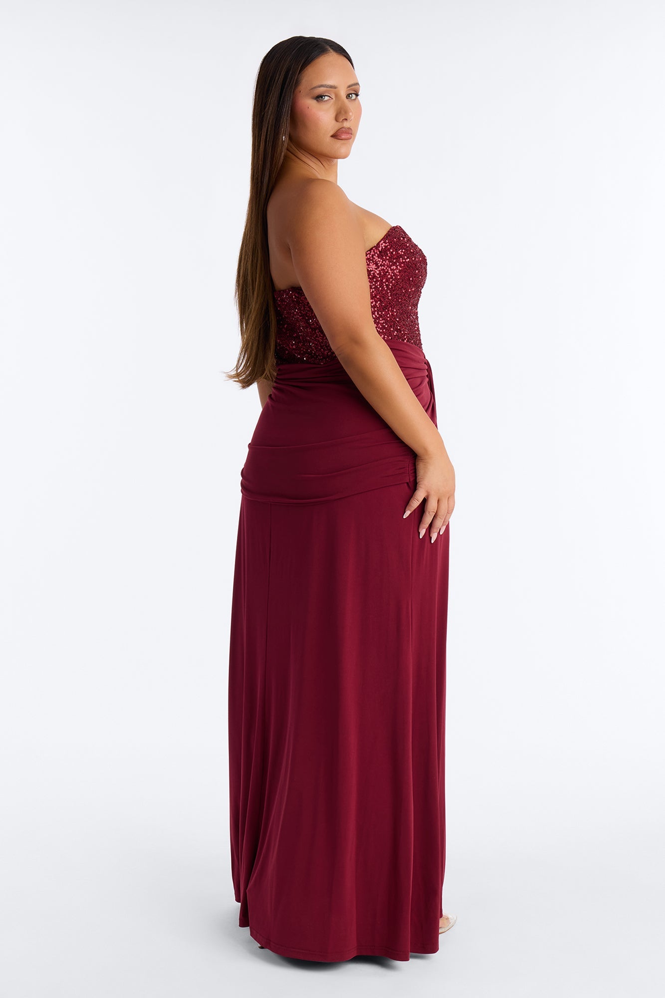 Dream Girl Draped Sequin Gown - Burgundy