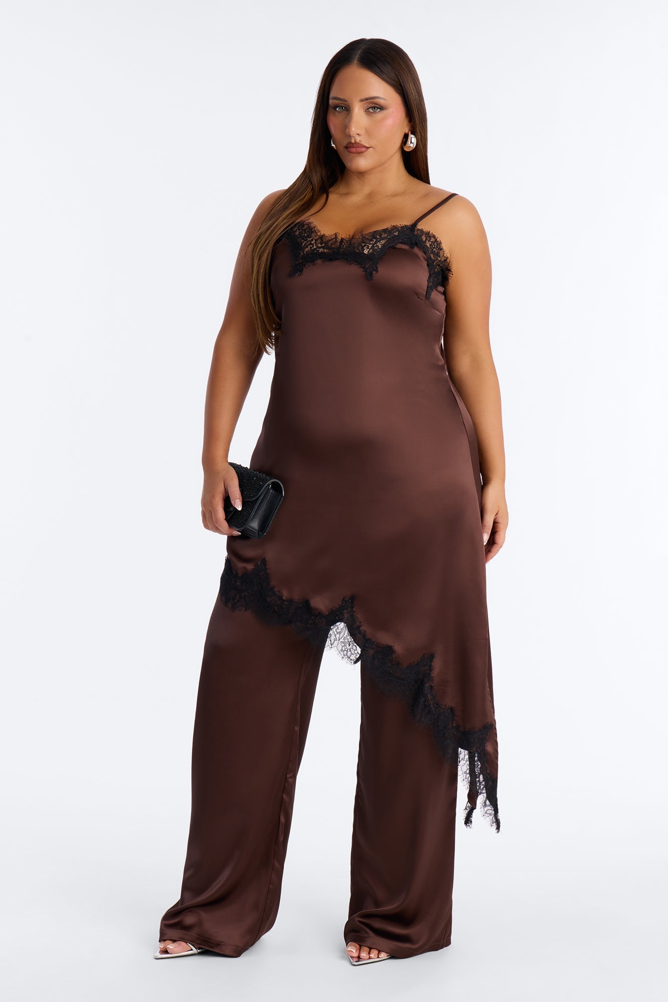 Arya Laced Satin Pant Set - Chocolate