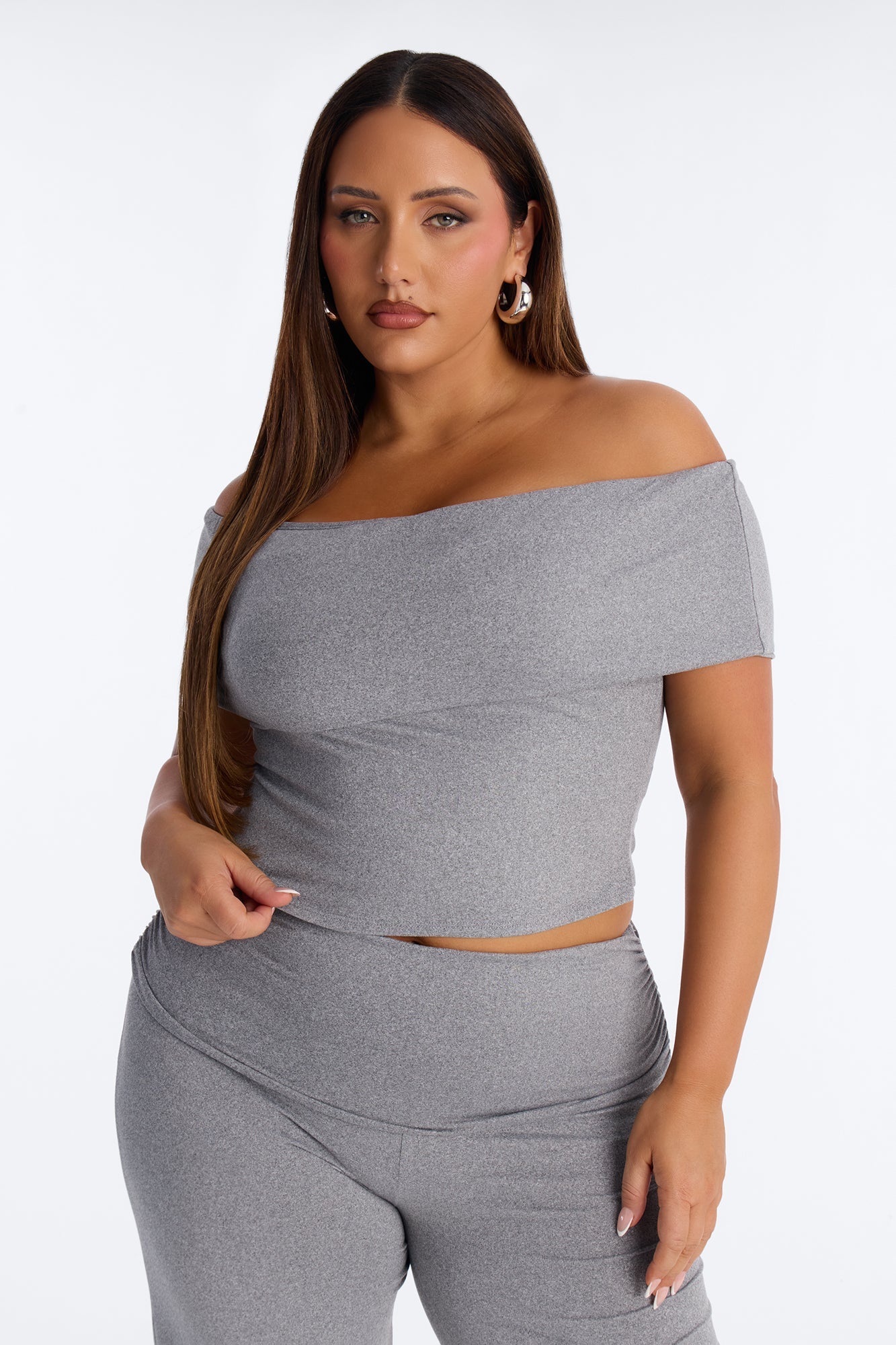 Mila Off Shoulder Pant Set - Heather Grey