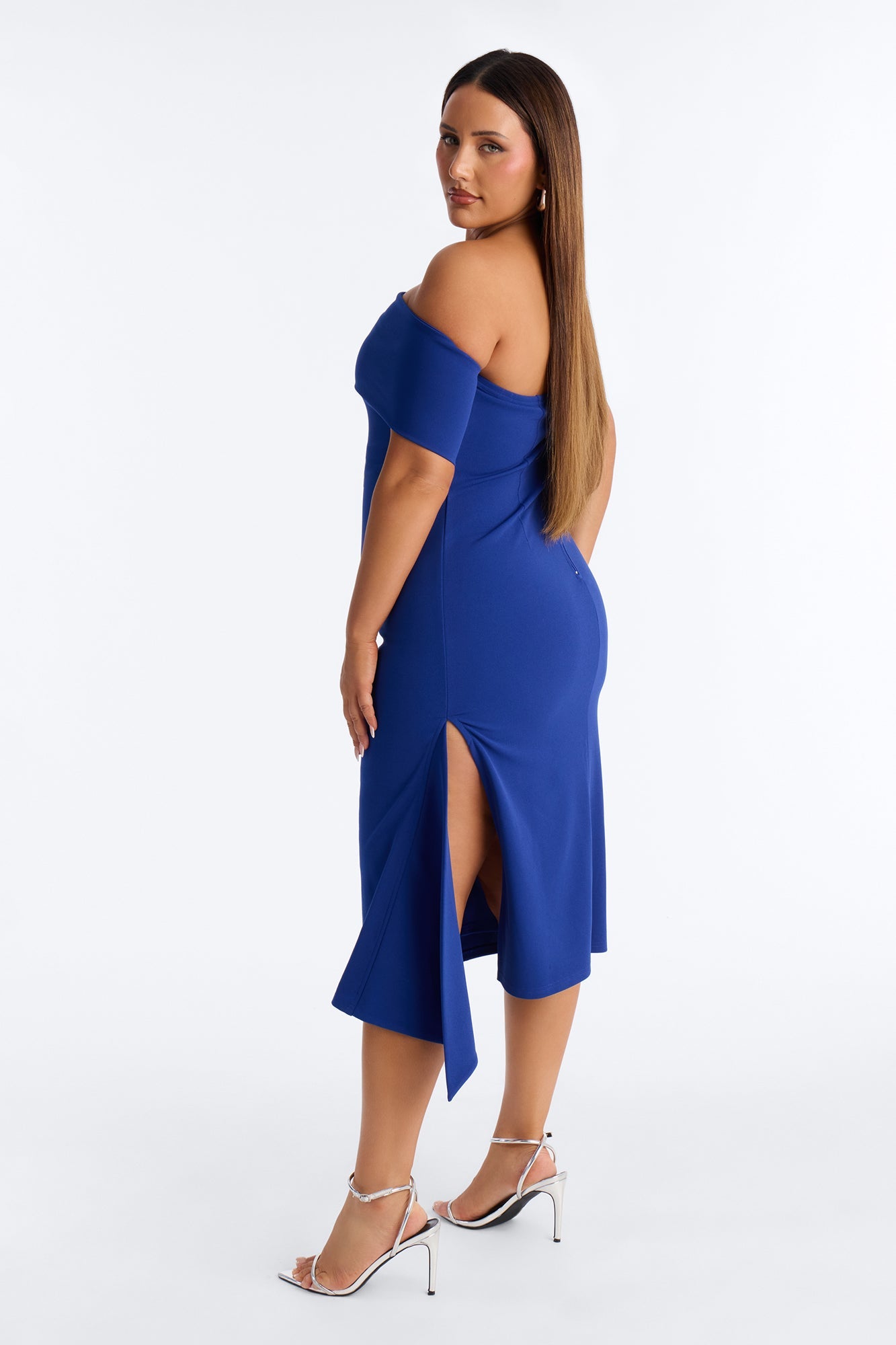 Millie One Shoulder Crepe Knit Midi Dress - Royal