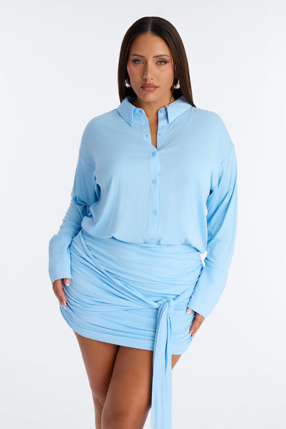 Thalia Draped Cotton Mini Dress - Light Blue