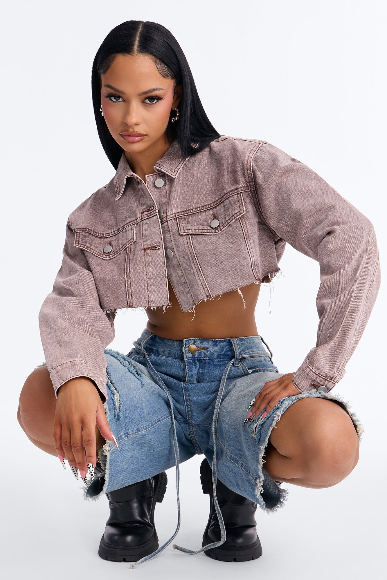 My Better Half Raw Hem Cropped Denim Jacket - Brown