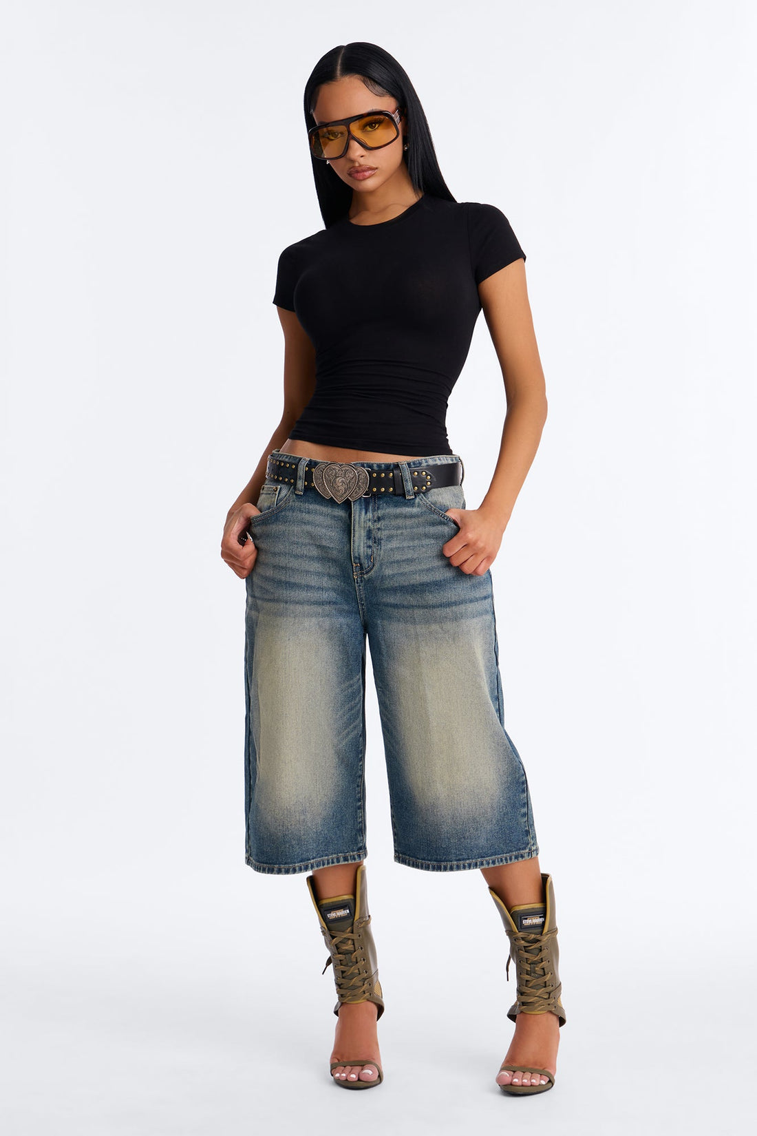 Lasting Love Belted Denim Jorts - Vintage Wash