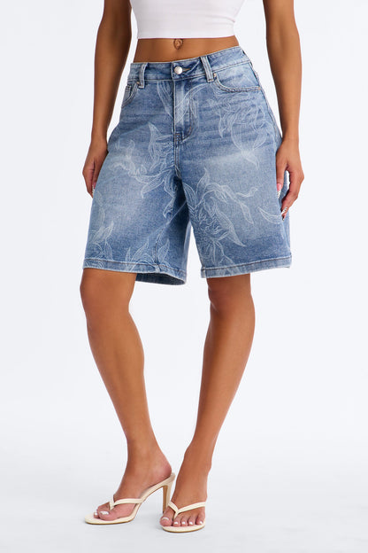 Botanical Blues Printed Denim Jorts - Medium Wash