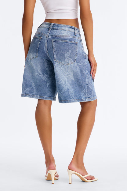 Botanical Blues Printed Denim Jorts - Medium Wash
