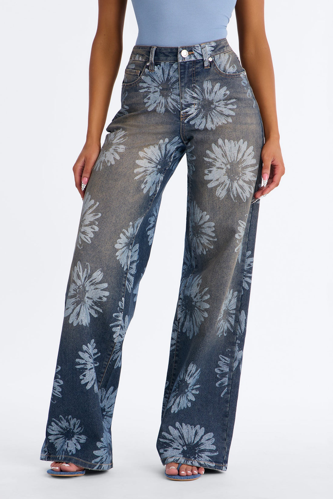 Happiness Blooms Floral Print Stretch Jeans - Vintage Wash