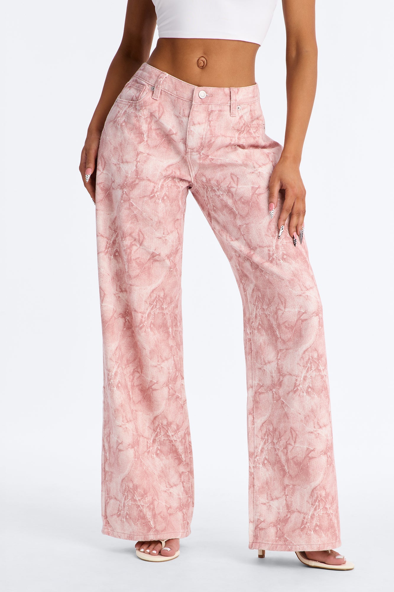 Learn To Love Printed Wide Leg Jeans - Pink/combo