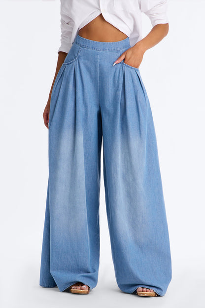 Easy Breeze Super Wide Leg Chambray Pant - Light Wash