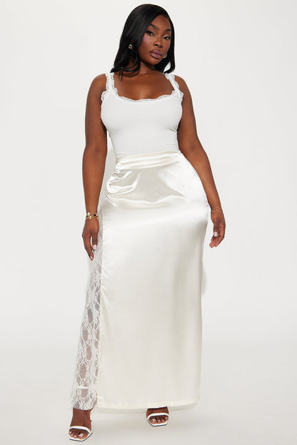 Kiss Me Goodbye Lace Trim Satin Skirt - Cream