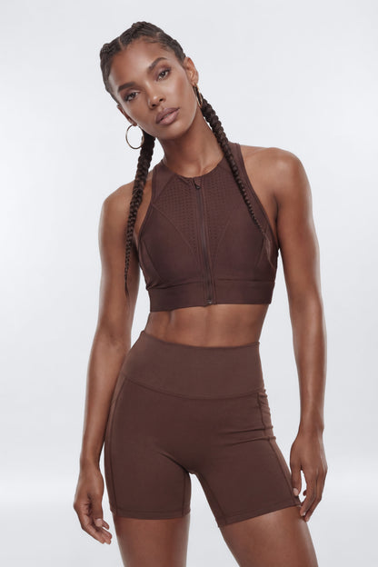 AirSculpt™ Perforated Zip Front Sports Bra - Brown