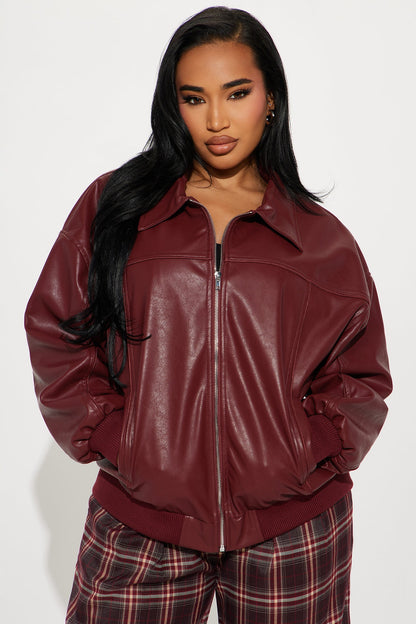 Ellie Oversized Faux Leather Bomber Jacket - Burgundy