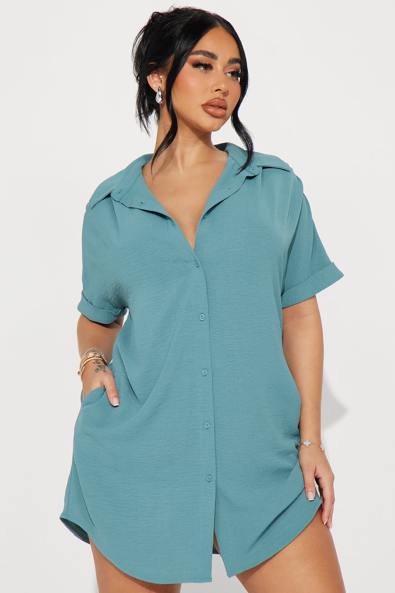 Amelia Mini Shirt Dress - Green