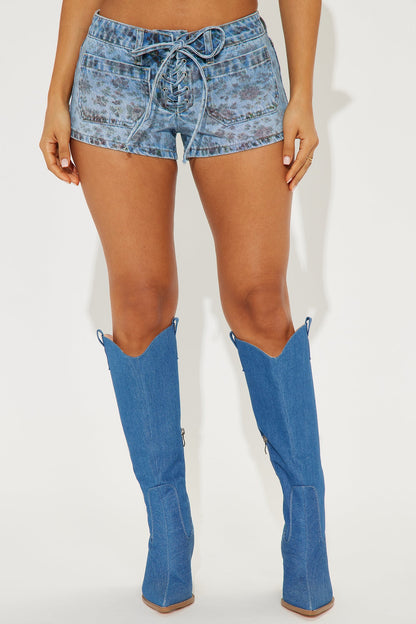 Garden Parties Stretch Lace Up Denim Shorts - Medium Wash