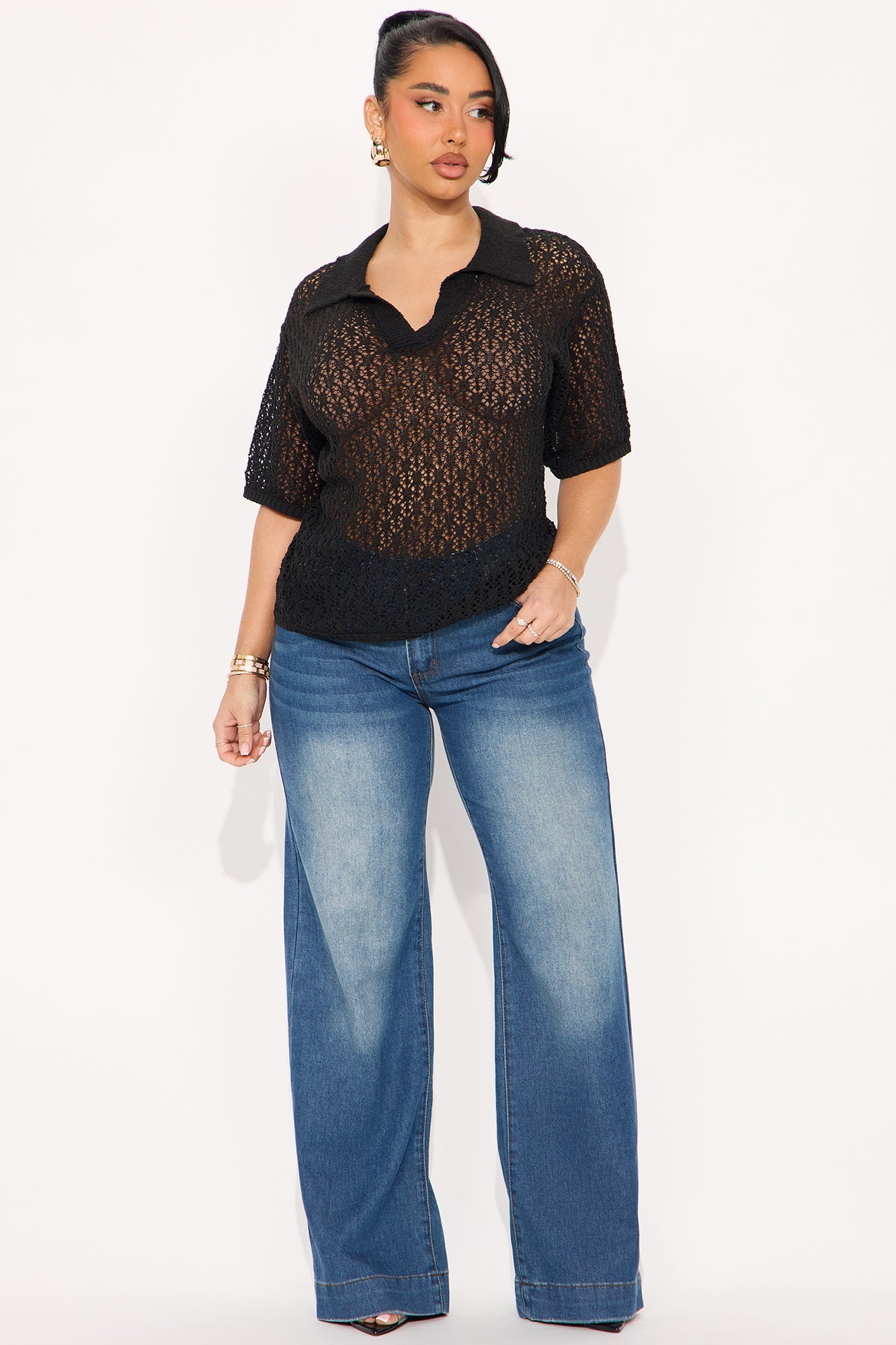 Ines Crochet Polo Top - Black