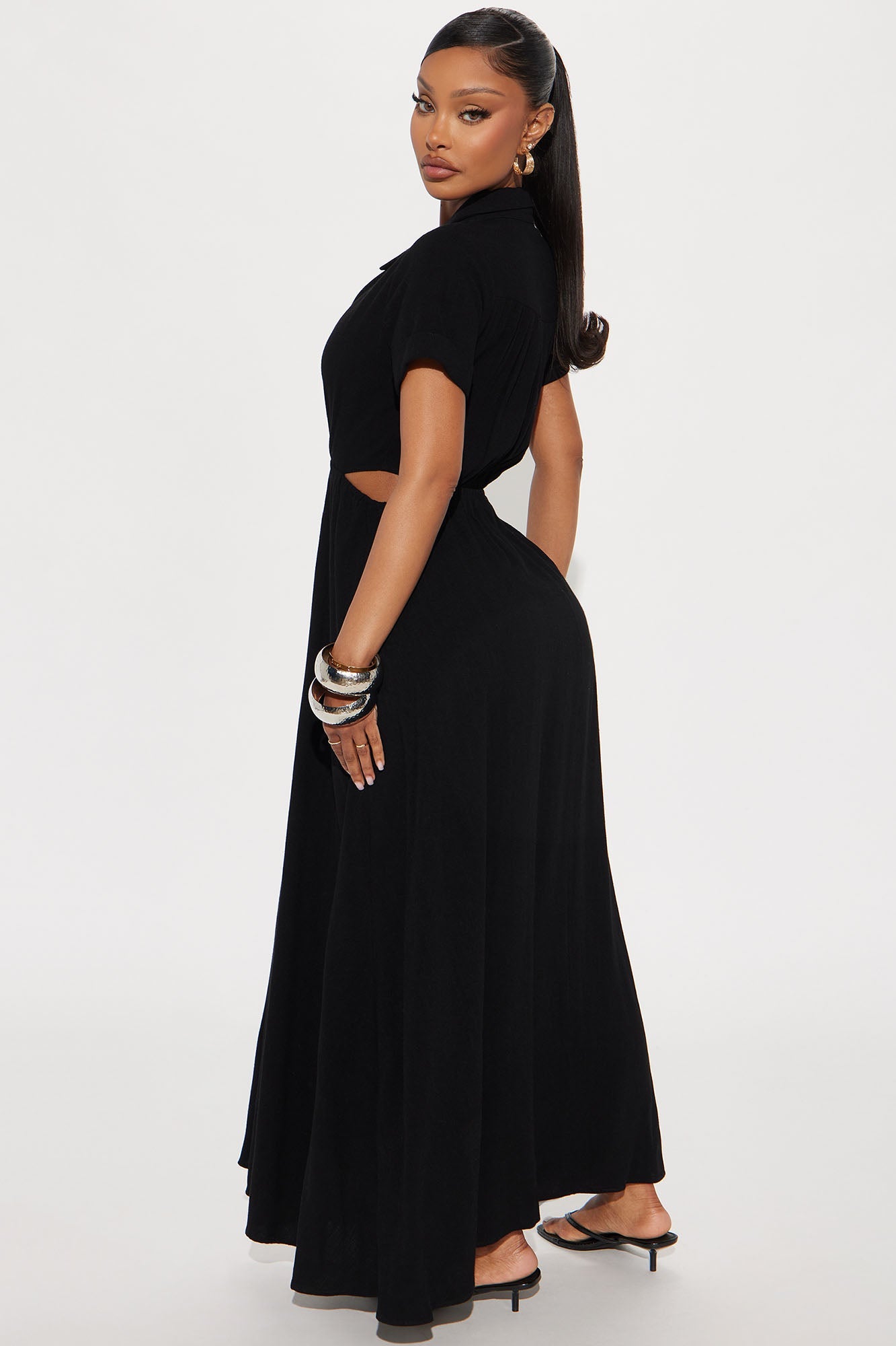 Linen Maxi Shirt Dress - Black