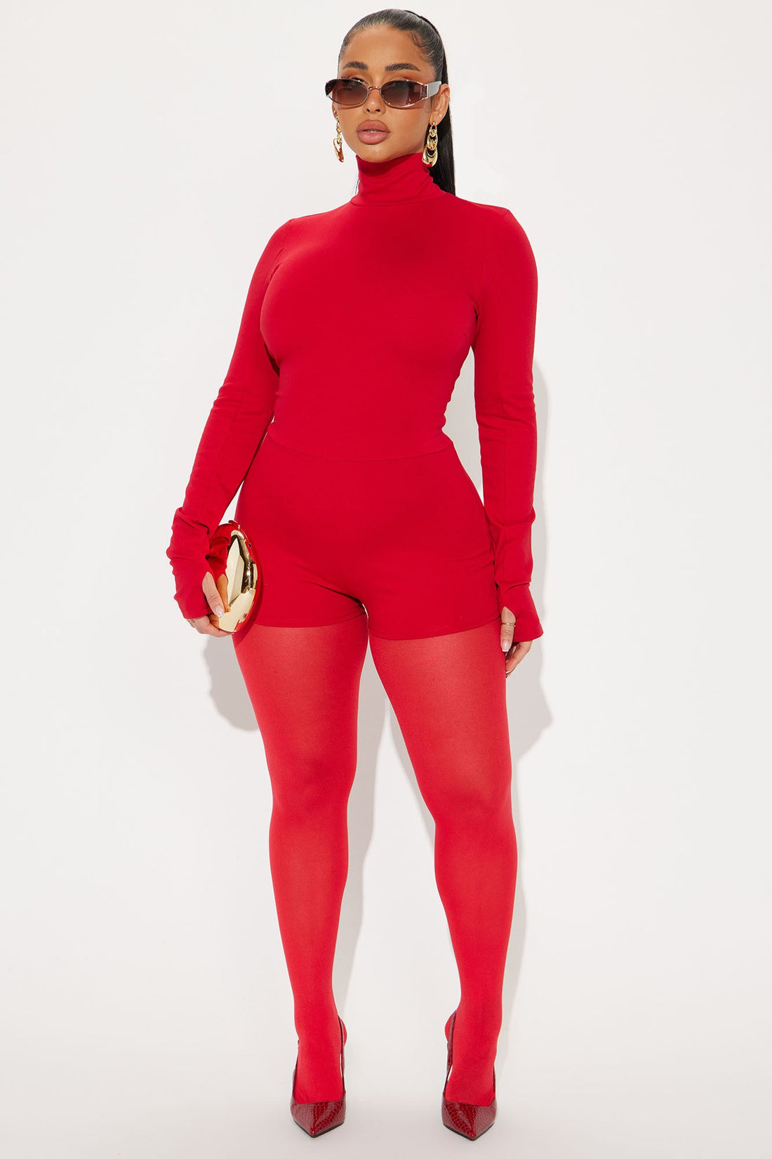 Natalye Long Sleeve Mock Neck Romper - Red