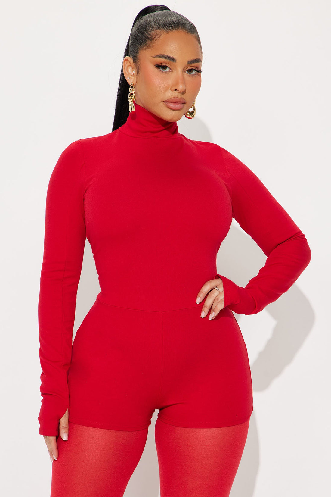 Natalye Long Sleeve Mock Neck Romper - Red
