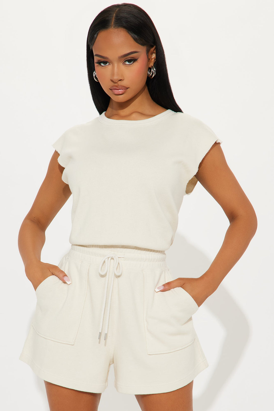 The Washed French Terry Romper - Off White