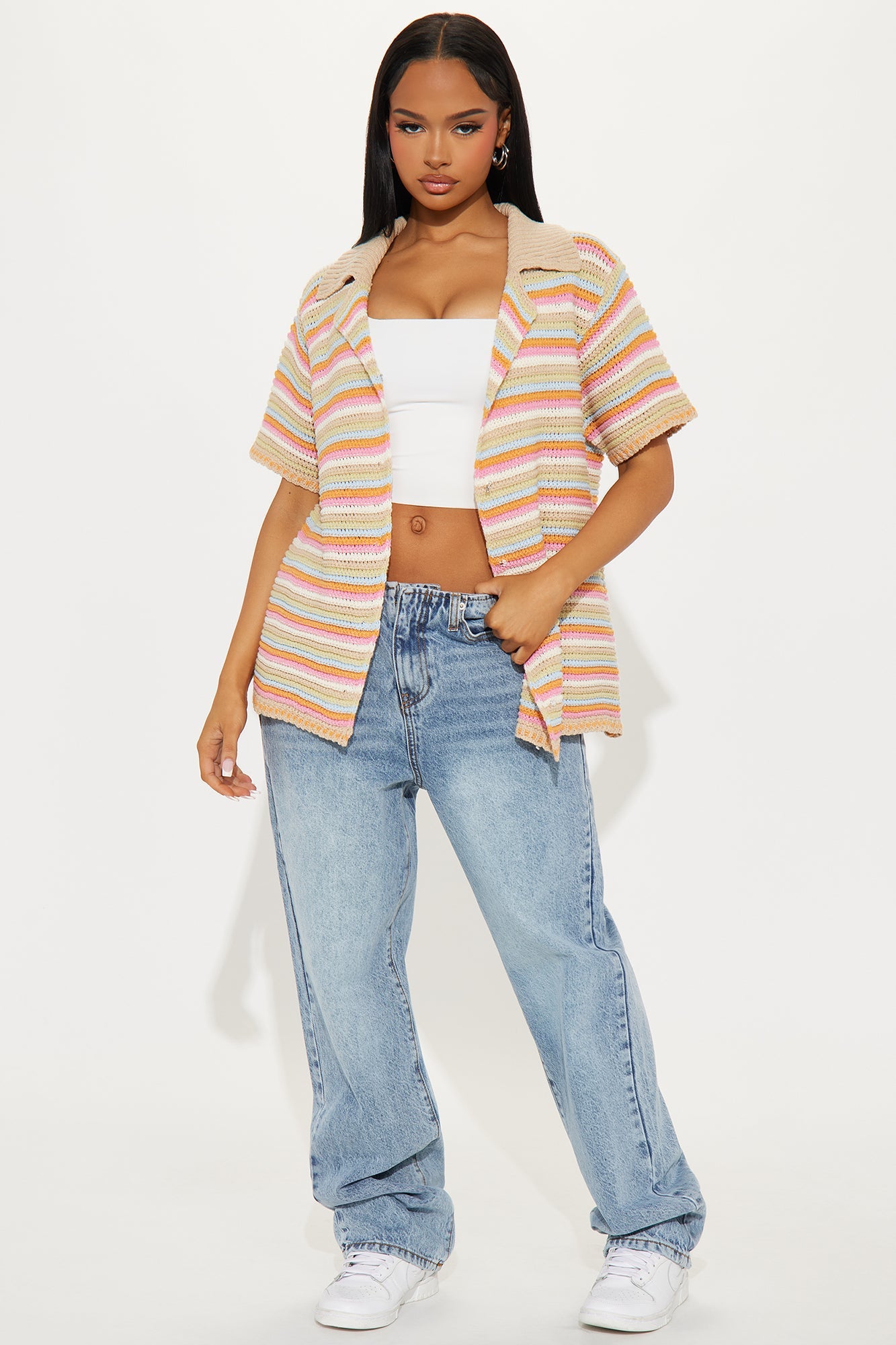 Adeline Oversized Striped Crochet Shirt - Multi Color