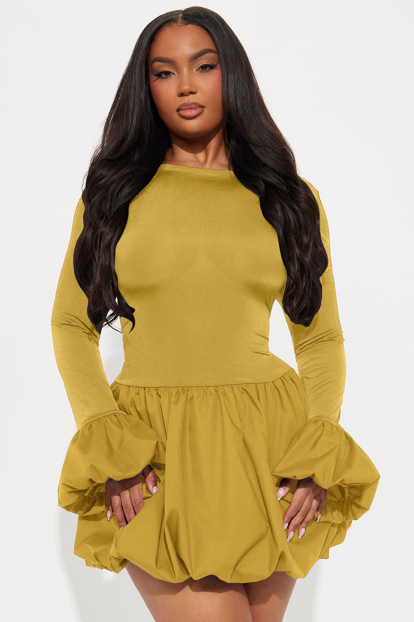 Jillian Puff Sleeve Bubble Mini Dress - Mustard