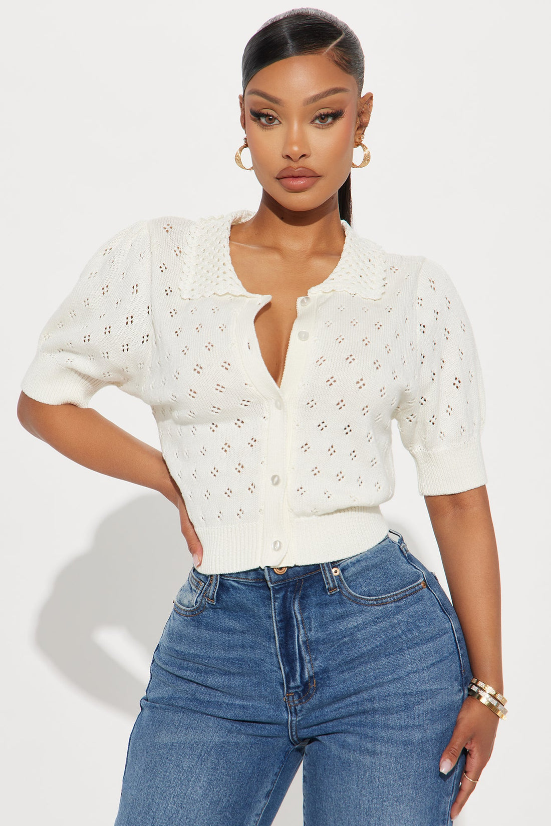 Flirty Pointelle Cardigan Sweater - White