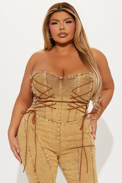 Meet Me In The Desert Denim Jumpsuit - Tan
